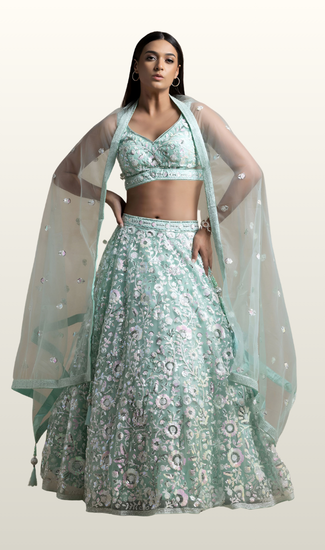 Designer Wedding Wear Soft Net Lehenga Choli for Women with Thread & Multiple Sequins Embroidery Work | Premium Ethnic Collection | Stitched Blouse (32-48)