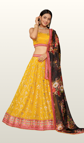 Designer Wedding Wear Georgette Lehenga Choli for Women with Sequins, Zari, Thread, Dori, Mirror Work & Digital Print | Premium Ethnic Collection | Stitched Blouse (32-48)