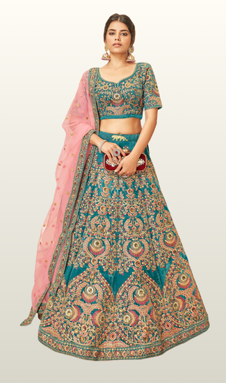 Designer Wedding Wear Lehenga Choli for Women with Thread, Zari, Dori & Sequins Embroidery Work | Premium Velvet, Art Silk & Organza Collection | Stitched Blouse (32-48)