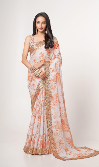 Designer Organza Saree for Women with Sequins Embroidery Work & Digital Print | Premium Party Wear, Wedding & Festive Saree