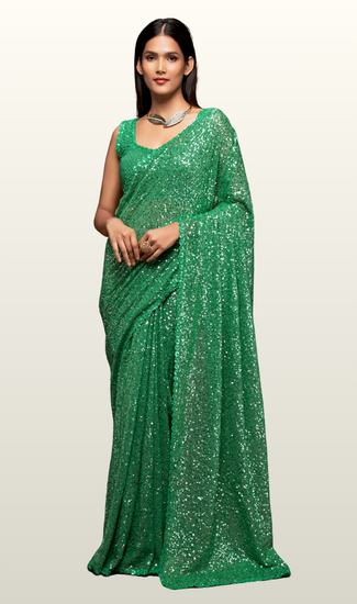 Designer Georgette Saree for Women with Thread & Multiple Sequins Embroidery Work | Premium Party Wear, Wedding & Festive Saree Collection | Unstitched Blouse Piece