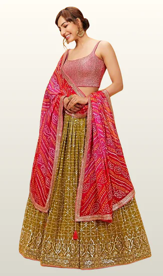 Designer Wedding Wear Georgette Lehenga Choli for Women with Digital Print, Mirror Work, Pearl Lace, Zari, Dori, Thread & Sequins Embroidery | Premium Ethnic Collection | Stitched Blouse (32-48)