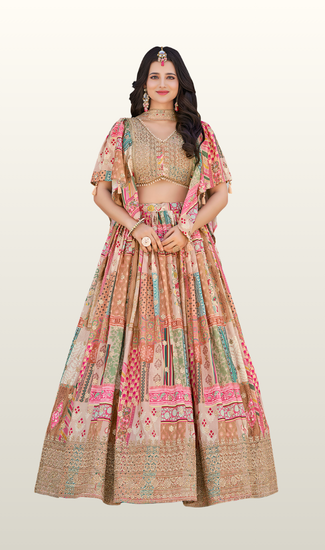 Designer Wedding Wear Chinnon Silk Lehenga Choli for Women with Digital Print, Zari & Dori Embroidery Work | Premium Ethnic Collection | Stitched Blouse (32-48)