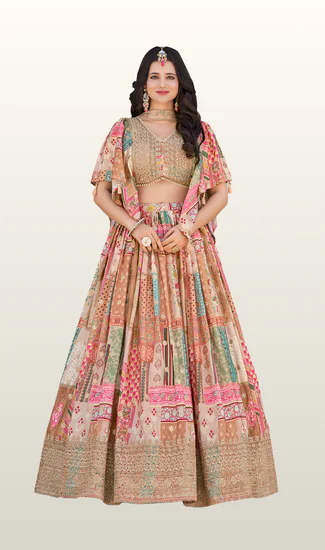 Designer Wedding Wear Chinnon Silk Lehenga Choli for Women with Digital Print, Zari & Dori Embroidery Work | Premium Ethnic Collection | Stitched Blouse (32-48)