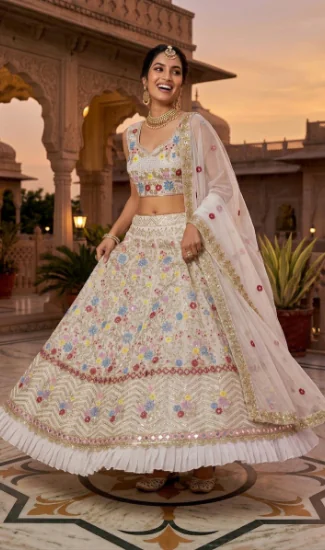 Designer Faux Georgette Lehenga Choli for Women with Real Mirror, Sequins Embroidery & Frill Work | 4 Meter Flared Wedding, Party & Festive Wear Collection | Stitched Blouse (32-48)