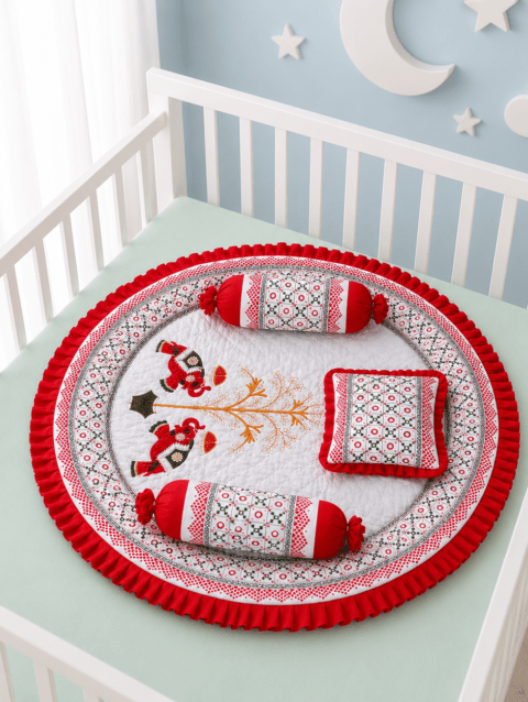 Kaladee Royal Embroidery Elephant Baby Bedding Set | Premium Round Newborn Mattress with Pillow & Bolsters