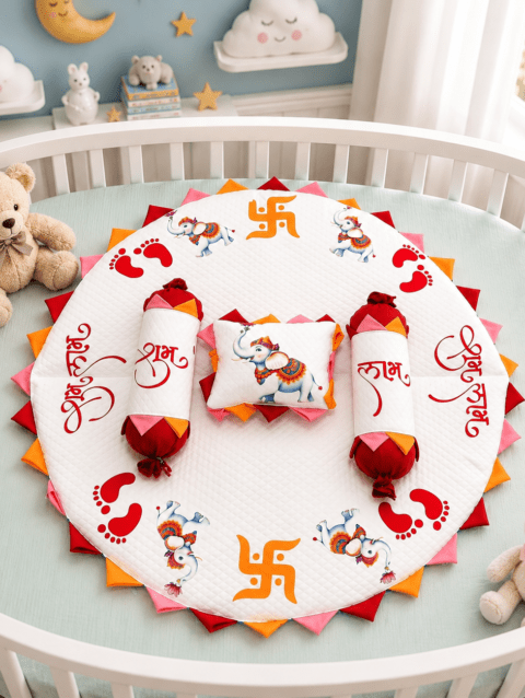 Kaladee Royal Elephant Theme Baby Bedding Set | Shubh Labh Round Mattress Combo for Newborns