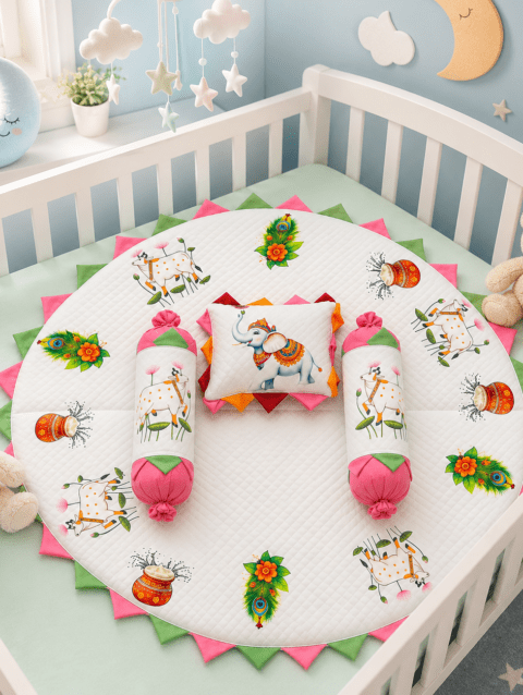 Kaladee Royal Theme Baby Bedding Set | Premium Round Newborn Mattress with Pillow & Bolsters