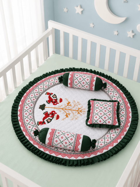 Kaladee Royal Embroidery Elephant Baby Bedding Set | Premium Round Newborn Mattress with Pillow & Bolsters