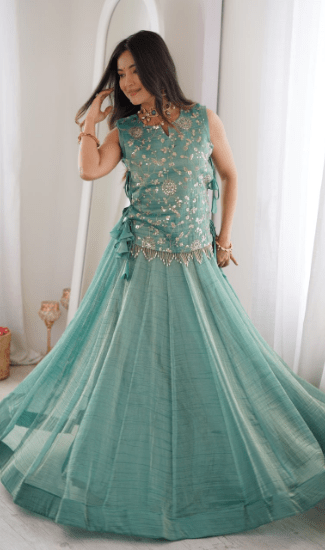 Designer Salsa Crush Readymade Lehenga Choli With Koti for Women with Zari & Sequins Embroidery Work | 4 Meter Flared Wedding, Party & Festive Wear Collection | Fully Stitched Lehenga Set
