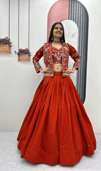 Designer Vichitra Silk Crop Top Lehenga Set for Women with Heavy Thread & Sequins Work Jacket | 5.5 Meter Flared Navratri, Wedding, Party & Festive Wear Collection | Fully Stitched