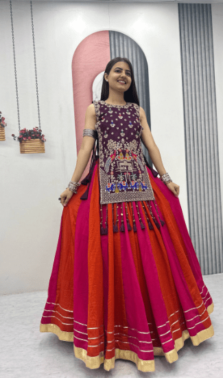 Designer Vichitra Silk Navratri Lehenga Set for Women with Heavy Thread & Sequins Work Shrug | 6 Meter Flared Garba, Dandiya & Festive Wear Collection | Fully Stitched Blouse