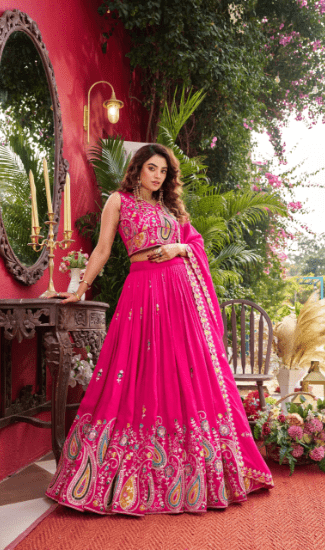 Designer Pure Vichitra Silk Lehenga Choli for Women with Embroidery Cording Sequins & Thread Work | 3.5 Meter Flared Wedding, Party & Festive Wear Collection | Fully Stitched Blouse