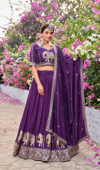 Designer Vichitra Silk Lehenga Choli Set for Women | Embroidered Sequins & Thread Work | Fully Stitched Blouse with Dupatta | Wedding & Party Wear