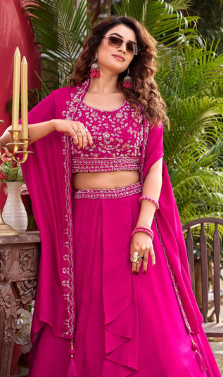 Designer Pure Vichitra Silk Lehenga Blouse for Women with Shrug Style Dupatta | Heavy Moti Beads & Sequins Embroidery | Fully Stitched Wedding Wear Collection